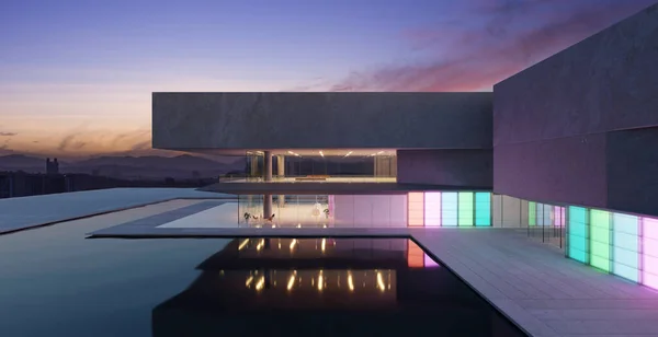 现代建筑有彩色的梯度玻璃墙 前面有一个池塘美化 3D渲染 — 图库照片