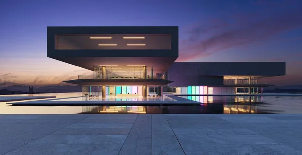 Edifícios Modernos Têm Paredes Vidro Gradiente Coloridas Com Paisagismo Lagoa — Fotografia de Stock