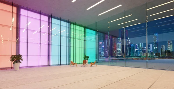 现代彩色梯度玻璃墙大堂等候空间 现实的3D渲染 — 图库照片
