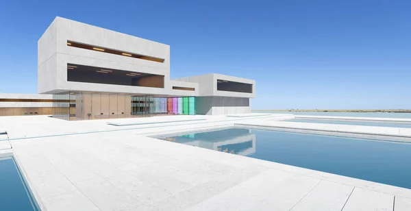 Arquitetura Moderna Com Uma Lagoa Concreto Fachada Vidro Design Estilo — Fotografia de Stock