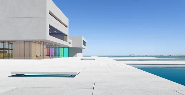 Nowoczesna Architektura Stawem Fasadą Betonową Szklaną Minimalistyczny Design Błękitne Niebo — Zdjęcie stockowe