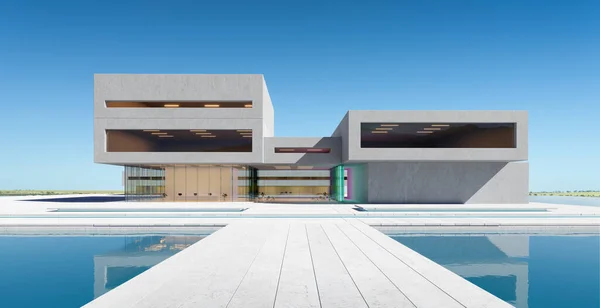 Moderní Architektura Rybníkem Betonovou Skleněnou Fasádou Minimalistický Design Stylu Modrá — Stock fotografie