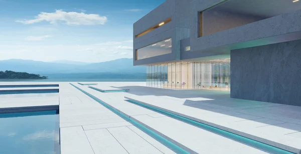 Moderne Architectuur Met Vijver Betonnen Glazen Gevel Minimalistisch Design Blauwe — Stockfoto
