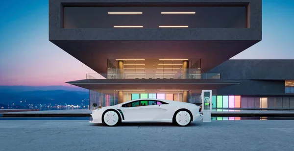 Elektrický Sportovní Vůz Zaparkovaný Nabitý Mimo Moderní Budovy Mají Barevný — Stock fotografie