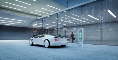 İş adamı ofis dışında araba park etmiş. 3d oluşturma