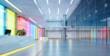 Modern glass wall commercial buildings reception lobby hall. Realistic 3d rendering