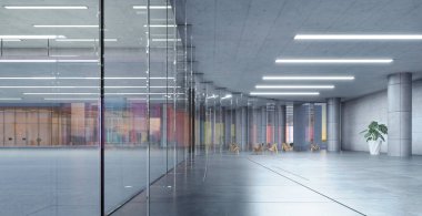 Modern cam duvar ticari binalar lobi salonu. Gerçekçi 3D canlandırma