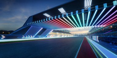 3d rendering racing concept of evening scene futuristic racetrack with glass railing and neon light decoration