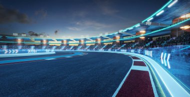 3d rendering racing concept of evening scene futuristic racetrack with glass railing and neon light decoration