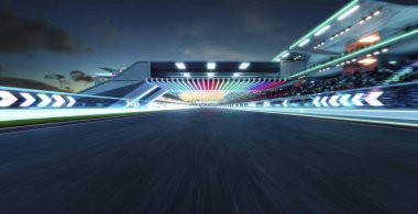 Moving racetrack with arrow neon light decoration. 3d rendering