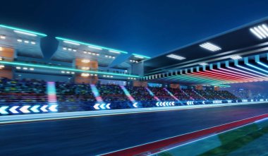 Moving racetrack with arrow neon light decoration. 3d rendering