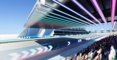 Moving racetrack with arrow neon light decoration. 3d rendering