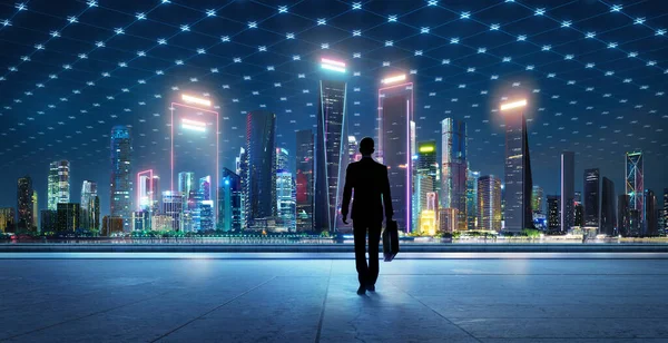 Üzletemberek Sétálnak Belvárosba Tele Fejlett Technológiával Renderelés — Stock Fotó