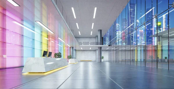 Modern Glass Wall Commercial Buildings Reception Lobby Hall Realistic Rendering — Fotografia de Stock