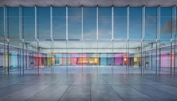 近代的なガラスの壁の商業ビルロビーホール 現実的な3Dレンダリング — ストック写真