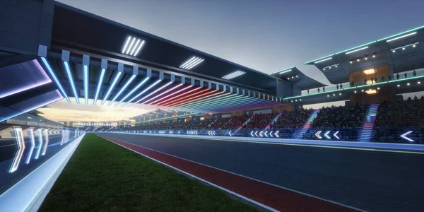 Rendering Racing Concept Evening Scene Futuristic Racetrack Glass Railing Neon — Foto Stock