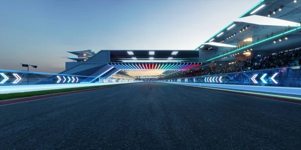 Rendering Racing Concept Evening Scene Futuristic Racetrack Glass Railing Neon — Stockfoto