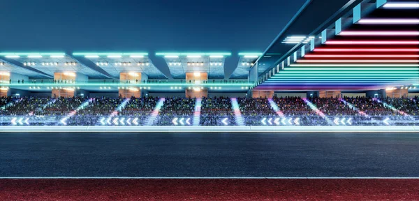 Rendering Racing Concept Evening Scene Futuristic Racetrack Glass Railing Neon — 图库照片