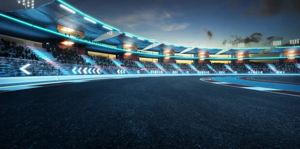 Rendering Racing Concept Evening Scene Futuristic Racetrack Glass Railing Neon — Stockfoto
