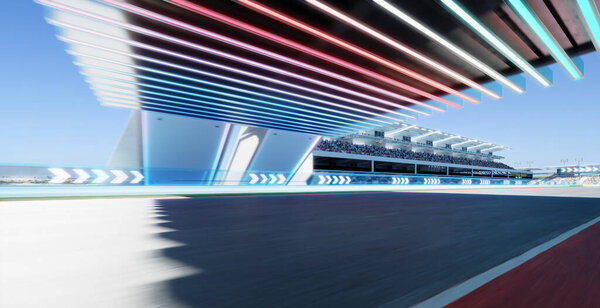 Движущаяся беговая дорожка со стрелочным неоновым световым оформлением. 3d-рендеринг