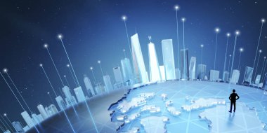Smart City haritasında büyük veri bağlantı teknolojisi konseptiyle duran bir iş adamı. 3d oluşturma