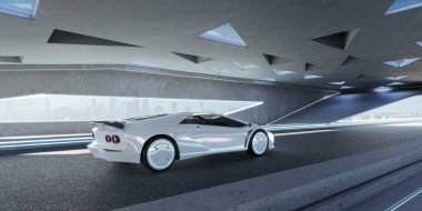 Asfalt yolda, modern çatı üçgeni şekilli element tasarım binası olan gelecekçi elektrikli araba parkı. 3B görüntüleme