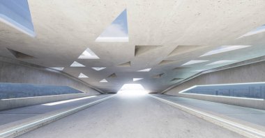 Boş beton zemin ve üçgen element dizaynlı çatı mimarisi. 3B görüntüleme