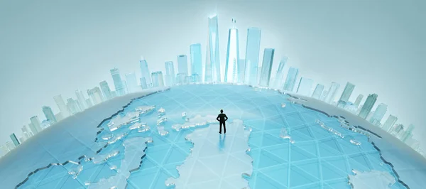商人站在智能城市地图上 科技概念 3D渲染 — 图库照片