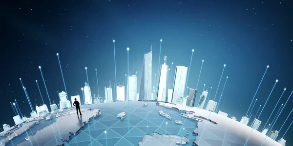 Geschäftsmann Steht Auf Smart City Map Mit Big Data Verbindungstechnologie — Stockfoto