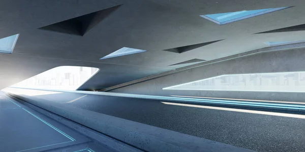 空旷的人行道和屋顶建筑与三角元素设计 适用于汽车广告背景使用 3D渲染 — 图库照片