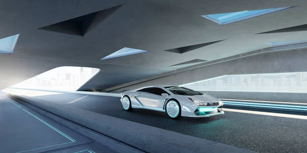 Futuristic Electric Car Parking Ασφαλτοστρωμένο Δρόμο Σύγχρονο Τριγωνικό Κτίριο Σχεδιασμού — Φωτογραφία Αρχείου