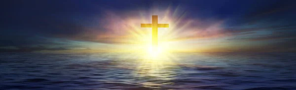 Cruz Océano Amanecer Pascua Concepto Resurrección Renderizado — Foto de Stock