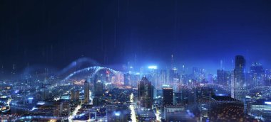 Akıllı şehir ve soyut nokta noktası gradyan çizgi ve estetik karmaşık dalga çizgisi tasarımı ile bağlantılı, büyük veri bağlantı teknolojisi kavramı. 3d hazırlayıcı