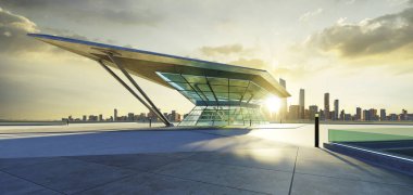 Boş beton zemin, çokgen şekilli modern bina dış tasarımı. 3d oluşturma.