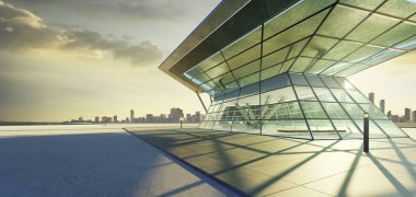 Boş beton zemin, çokgen şekilli modern bina dış tasarımı. 3d oluşturma.