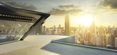 Boş beton zemin, çokgen şekilli modern bina dış tasarımı. 3d oluşturma.