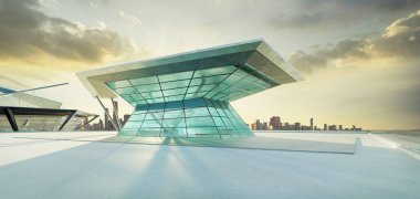 Boş beton zemin, çokgen şekilli modern bina dış tasarımı. 3d oluşturma.