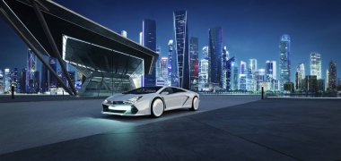 Modern binanın dış yüzeyi ve markasız elektrikli EV arabası olan boş beton zemin. 3d oluşturma