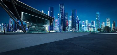 Boş beton zemin, çokgen şekilli modern bina dış tasarımı. 3d oluşturma.