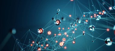 Hareketli Çizgiler ve Noktalarla Dinamik Mavi Geometrik Ağ, Dijital Bağlantının Soyut Temsili, İletişim ve Teknolojik Web.