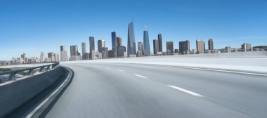 Yüksek hızda ilerliyoruz, şehir planına sahip bulanık ve boş bir yol. 3d oluşturma
