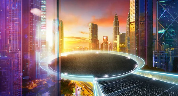 在夕阳的城市摩天大楼的中心上漂浮在城市天际线的圆形舞台上 混合媒体 — 图库照片