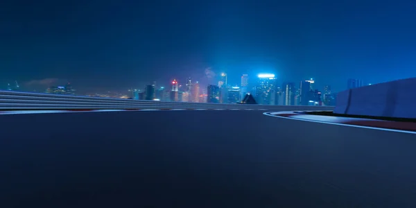 High speed blurred racing curve road with night modern city scenery
