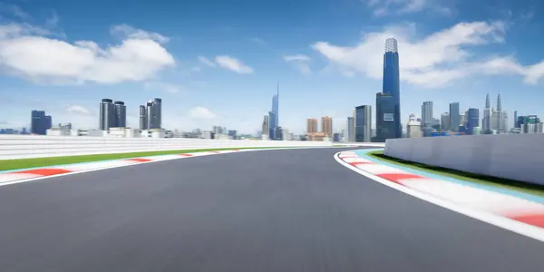 High speed blurred racing curve road with modern city scenery