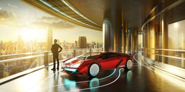 Lüks spor arabaların yanında duran bir işadamı, güneşin doğuşunu seyrediyor. 3B görüntüleme