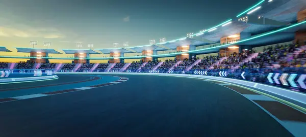 Panoramic View Modern Race Track Stadium Evening Lights Audience Render — Stock Photo, Image