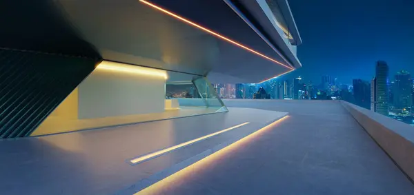 Amplia Vista Angular Del Edificio Futurista Ciudad Con Luces Iluminadas Imagen de archivo