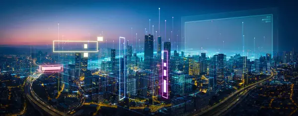 Horizonte Futurista Ciudad Inteligente Atardecer Con Superposiciones Digitales Rascacielos Renderizado Fotos De Stock