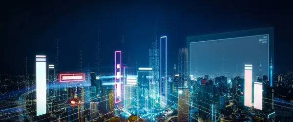 Панорамний Вид Сучасне Місто Вночі Посилений Сяючими Віртуальними Структурами Даних Стокове Фото