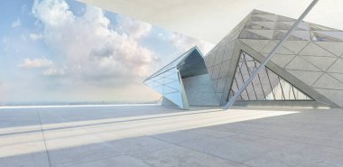 Açık mavi gökyüzü altında geometrik tasarımları olan çağdaş mimari. 3B görüntüleme